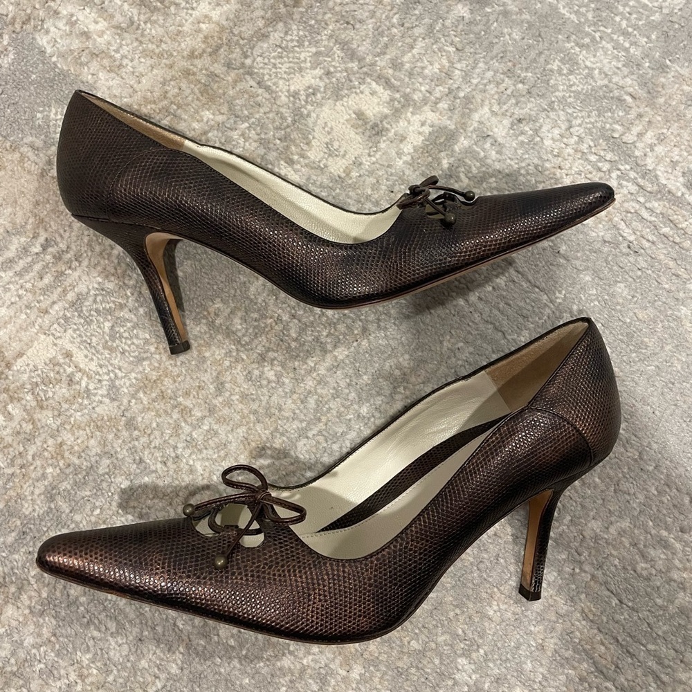 Amalfi Heels Bronze Made In Italy Leather Shoes Bow Detail Size 9B - Picture 8 of 15